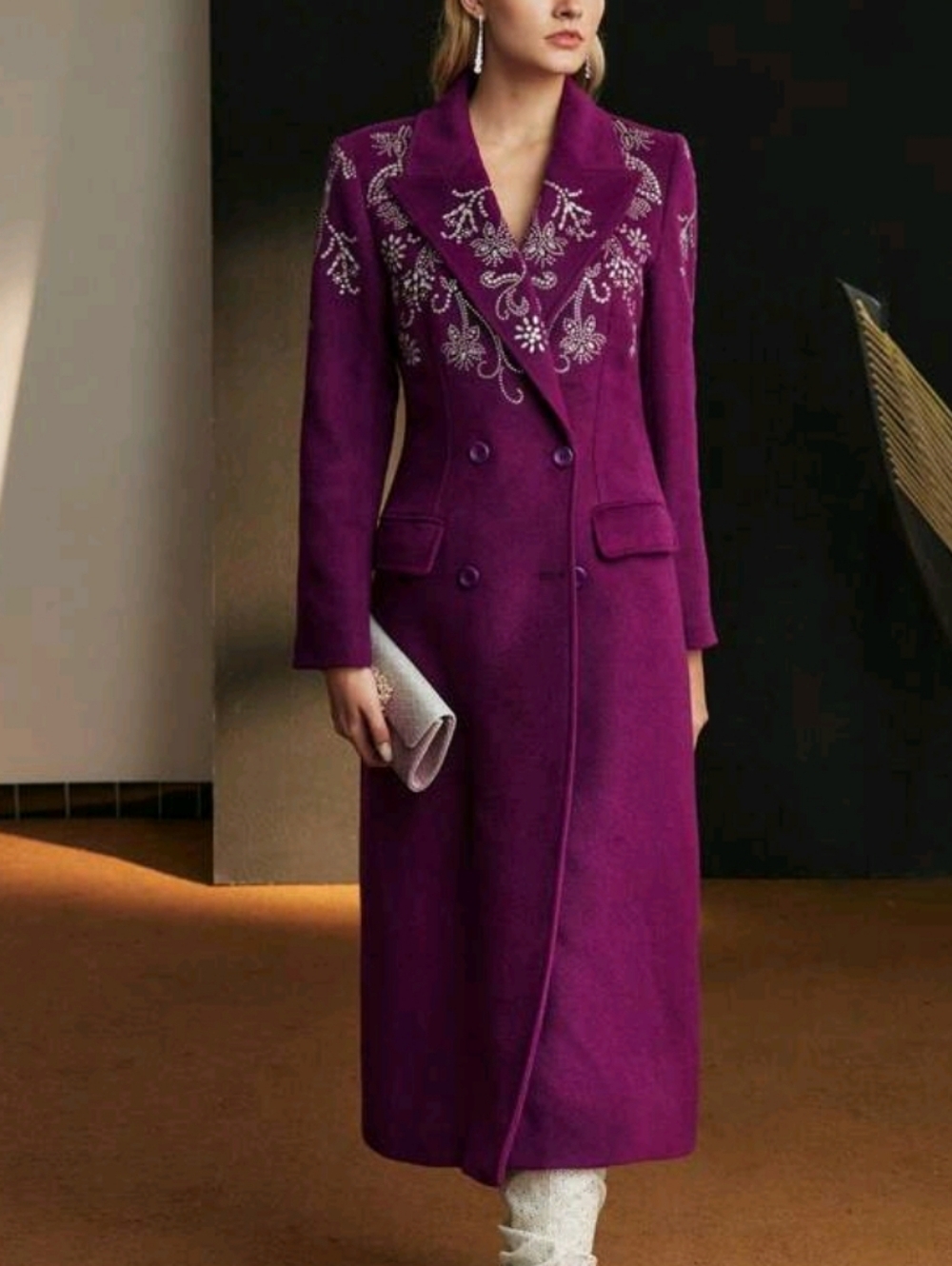 Embroidered Rhinestone Wool Long Purple Double-Breasted Coat Size 8/10